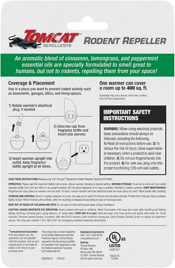 Tomcat Repellents Rodent Repeller, 1 Warmer with 1 Refill | Indoor Plug-In with Lemongrass, Cinnamon, and Peppermint Oil Natural Essential Oil Blend, Repels Rats and Mice