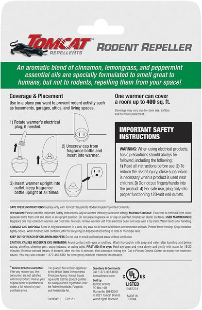 Tomcat Repellents Rodent Repeller, 1 Warmer with 1 Refill | Indoor Plug-In with Lemongrass, Cinnamon, and Peppermint Oil Natural Essential Oil Blend, Repels Rats and Mice