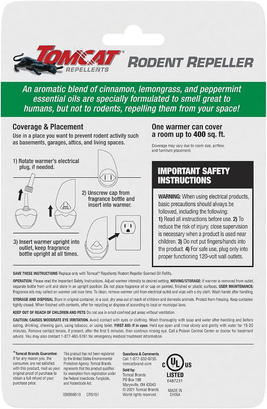 Tomcat Repellents Rodent Repeller, 1 Warmer with 1 Refill | Indoor Plug-In with Lemongrass, Cinnamon, and Peppermint Oil Natural Essential Oil Blend, Repels Rats and Mice