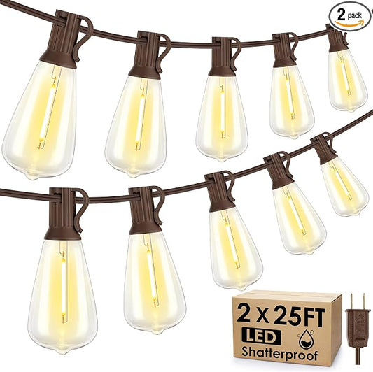 Larkvue 50FT(2x25FT) Outdoor String Lights, Patio Lights with 20+2 LED Dimmable Waterproof ST38 Vintage Shatterproof Bulb for Bistro Cafe Fence, Brown