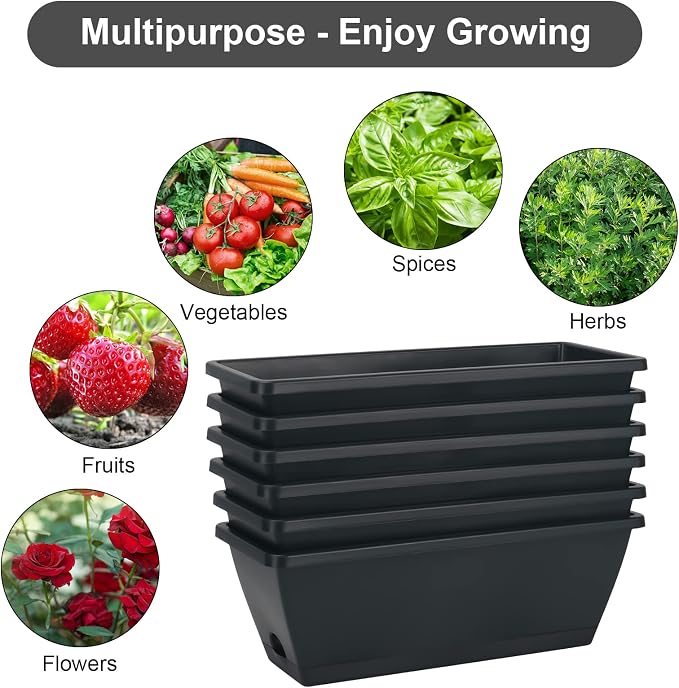 HOXHA Window Box Planter, 6 Pack 17inch Plastic Vegetable Flower Planter Boxes with Tray, Indoor Outdoor Flower Pots for Windowsill, Patio, Porch, Garden Balcony, Dark Gray