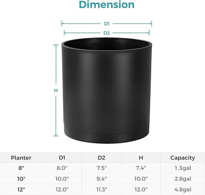 FaithLand 12-Inch Large Modern Cylinder Planter, Thick-Walled Plastic Plant Pot with Drainage Holes and Detachable Saucer, Matte Black, Ideal for Indoor & Outdoor Plants Flowers