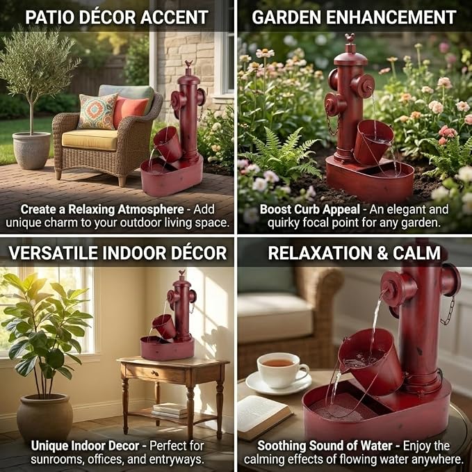 2-Tier Outdoor Water Fountain, 27" Heavy-Duty Metal Garden Fountains | Rustic Waterfall with Pumb & Debris Filter Screen, Rustproof Fire Hydrant Soothing Water Flow for Patio Yard Porch Decor