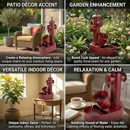 2-Tier Outdoor Water Fountain, 27" Heavy-Duty Metal Garden Fountains | Rustic Waterfall with Pumb & Debris Filter Screen, Rustproof Fire Hydrant Soothing Water Flow for Patio Yard Porch Decor