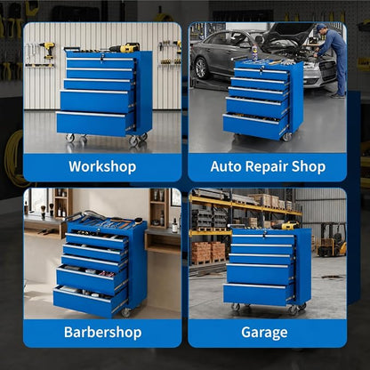 Garvee Rolling Tool Chest, 5 Drawers Tool Storage Cabinet, Toolbox with Wheels, Portable Tool Cabinet Organizer with Locking System & Drawer Liners, Tool Storage Cart for Garage, Workshop, Blue