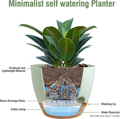 Meowell 12 inch Large Self Watering Pots, Plant Pots with Mesh Drainage Holes for Indoor Outdoor Plants, Plastic Planters with Deep Reservoir for Garden House Flower Plants, Green with Brown