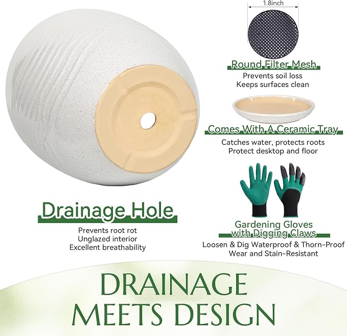 11.8 Inch Flower Pots for Indoor Plants,Ceramic Planter with Saucer Drainage Leak-Proof Mesh Gardening Gloves (Water-Ripple White)