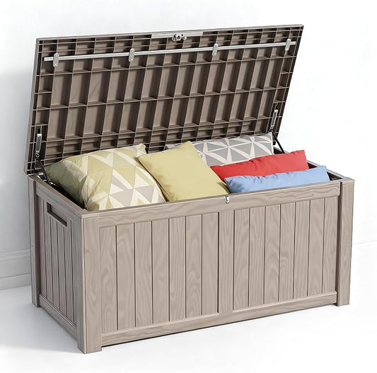 Zapdos Outdoor Storage Box, 120 Gallon Deck Box with Stainless Steel Rods, Waterproof Large Resin Storage Bin for Patio Cushions Garden Tools, Lockable Outside Storage Box, Grey
