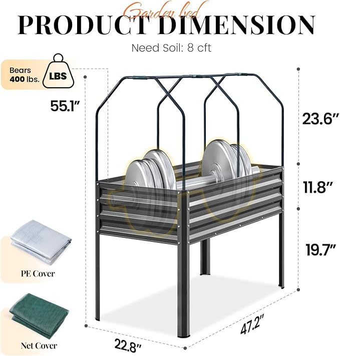 KING BIRD Large Raised Garden Bed with Cover & Netting Galvanized Elevated Planter Box with Legs 48×24×56 in for Backyard, Patio, Balcony, 400lb Capacity, Dark Grey