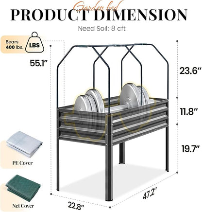 KING BIRD Large Raised Garden Bed with Cover & Netting Galvanized Elevated Planter Box with Legs 48×24×56 in for Backyard, Patio, Balcony, 400lb Capacity, Dark Grey