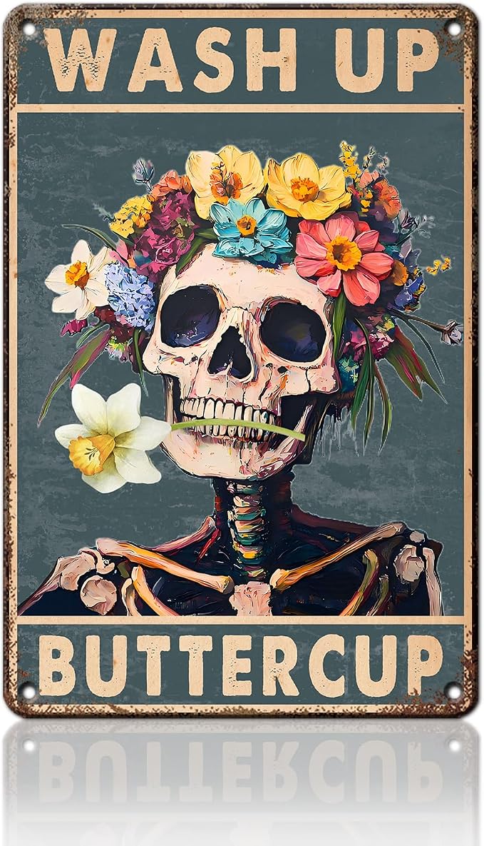 PEACHGARDEN Wash Up Buttercup Metal Sign, Funny Bathroom Decor, Skeleton Skull Bathroom Wall Art, Vintage Floral Aluminum Sign for Restroom Guest Bath Toilet, 8x12 Inch
