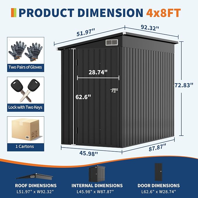 4×8 ft Lean to Storage Shed, Heavy-Duty Outdoor Metal Storage Shed, Garden Tool Metal StorageHouse W/Lockable Door and 2 Air Vents