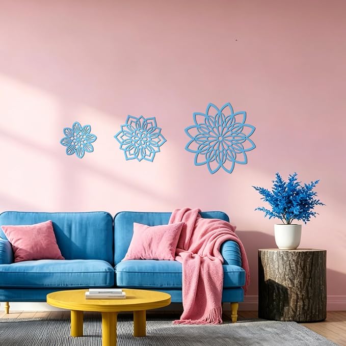 Zzbakress 3 Pieces Metal Flowers Wall Decor, Black Wall Decors Metal, Flower Art Wall Decor Farmhouse Wall Decorations Multiple Flowers Hanging Decor for Bathroom Living Room Home Kitchen Garden Office (Blue Elegant)