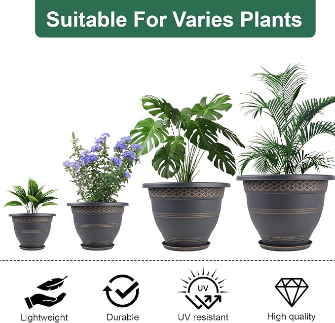 Usocik 10 Inch Plaid Plant Pots 4 Pack with Drainage and Saucers Copper | Copper plaid PP pots with drainage holes and saucers for herbs flowers succulents indoor patio porch