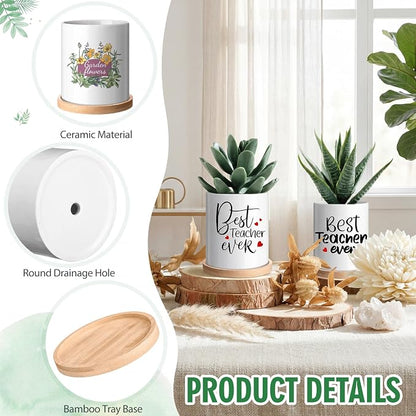 Teenyyou 10 Pcs Sublimation Flower Pot Blanks Mini 3.2 in Garden Ceramic Succulent Planter Pot with Bamboo Tray with Drainage Hole Thank You Gifts for Employee Appreciation Plant Lover