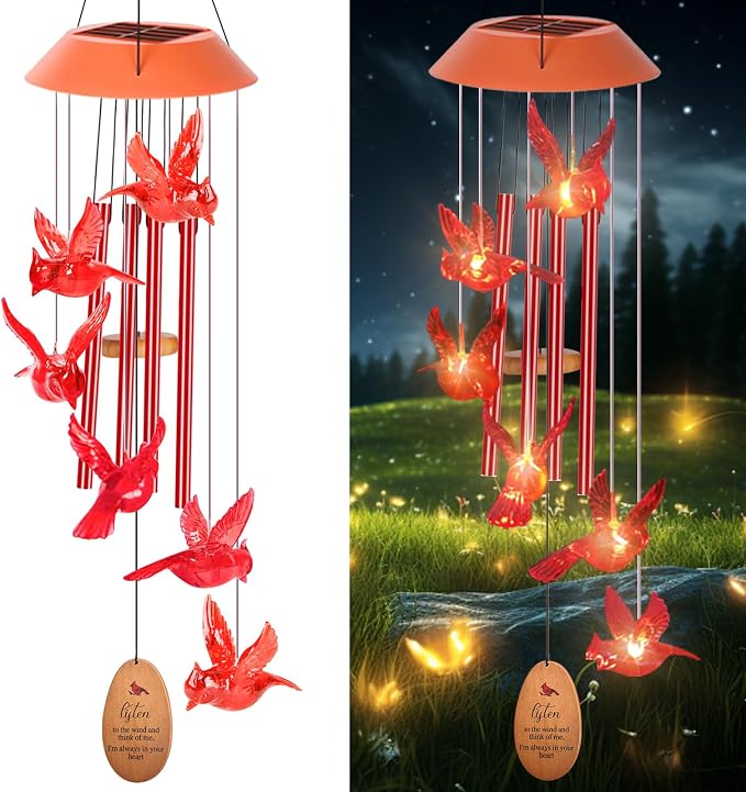 Cardinal Wind Chimes for Outside with 4 Music Aluminum Tubes | Wind Chimes ,Best Gifts for Mom Grandma Women Wife Aunt Sister, Solar Lights Outdoor Wind Chimes, Garden Yard Decor