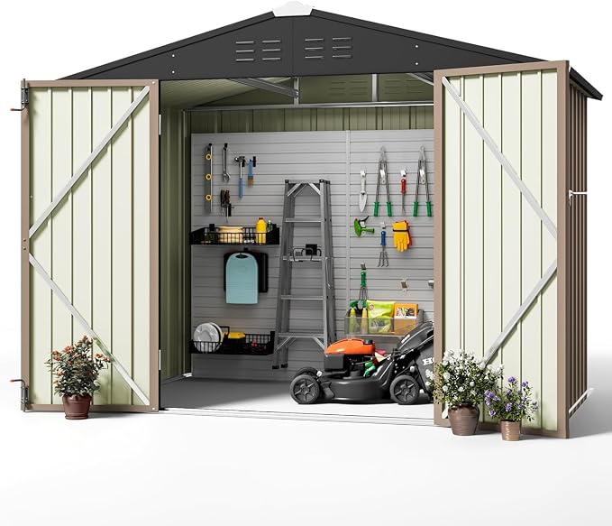Greesum 8x6FT Outdoor Storage Shed, Utility Tool Shed with Sloping Roof, Metal Storaged Garden Shed with Door & Lock for Patio Storage, Brown