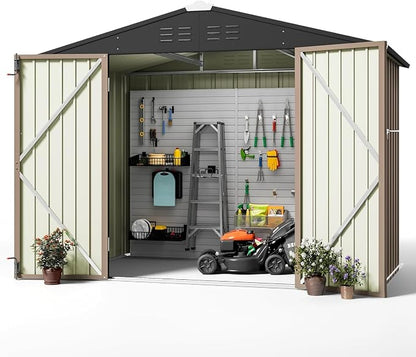 Greesum 8x6FT Outdoor Storage Shed, Utility Tool Shed with Sloping Roof, Metal Storaged Garden Shed with Door & Lock for Patio Storage, Brown
