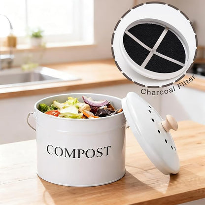 Compost Bin - 1 Gallon Countertop Composter with Lid, Charcoal Filters, Rust Proof Indoor Food Waste Bin