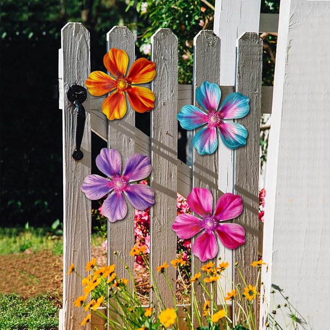 Giyyomtr Metal Flowers Wall Decor - 4pcs Metal Wall Art Hanging Decorations for Outdoor Fence Garden Yard Patio Exterior Wall Decor