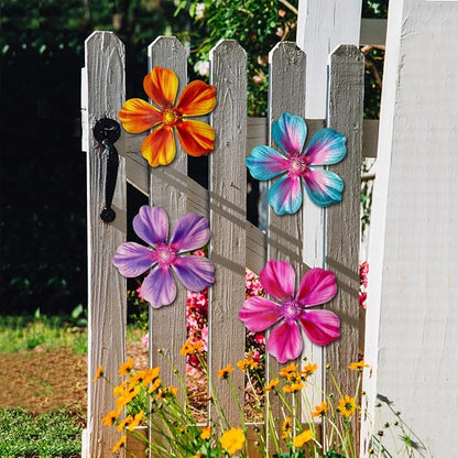 Giyyomtr Metal Flowers Wall Decor - 4pcs Metal Wall Art Hanging Decorations for Outdoor Fence Garden Yard Patio Exterior Wall Decor