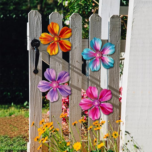 Giyyomtr Metal Flowers Wall Decor - 4pcs Metal Wall Art Hanging Decorations for Outdoor Fence Garden Yard Patio Exterior Wall Decor