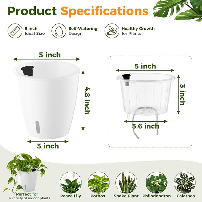 Upgraded Self Watering Pots for Indoor Plants, 8-Pack 5 Inch Top-Fill Self Watering Planter with Water Window, Orchid Pots, Clear Wick Inner Basket with Drainage, White