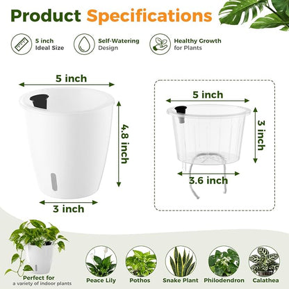Upgraded Self Watering Pots for Indoor Plants, 12-Pack 5 Inch Top-Fill Self Watering Planter with Water Window, Orchid Pots, Clear Wick Inner Basket with Drainage, White