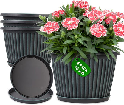 Myfeegoin Planter-Pots-for-Plants-Indoor-Outdoor, 4 Pack 10 Inch Plastic Flower Pots with Saucer & Drainage Holes, Modern Garden Planters for Planting Medium Large Plants，Decorative Resin Garden Pots