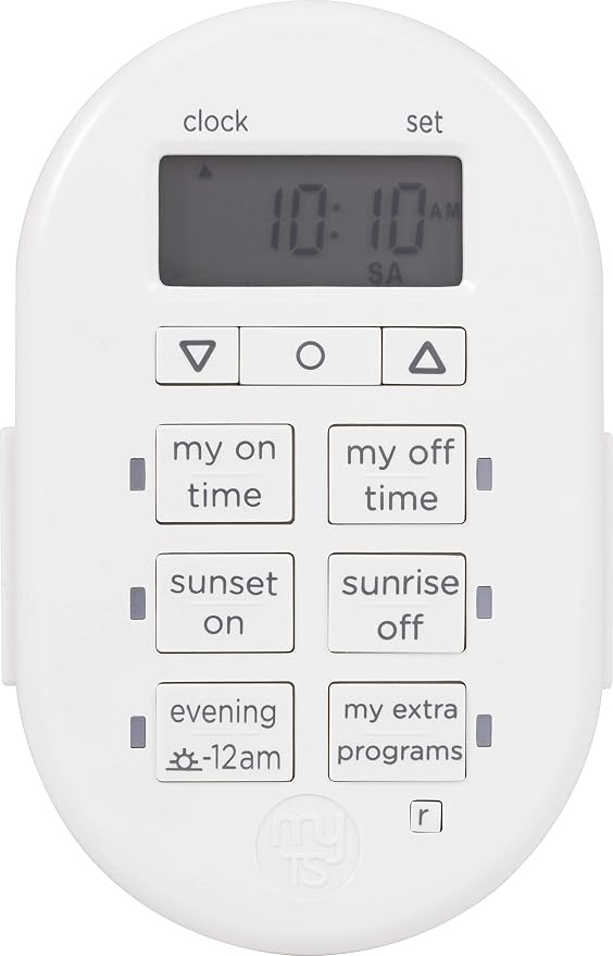 myTouchSmart Simple Set 7-Day Digital Timer, 2 Grounded Outlet Timer, Sunrise-Sunset Indoor Timer Outlet, Programmable ON/OFF Plug Timer, 125V Light Timer, Lamp Timer, Seasonal Lights, White, 35150