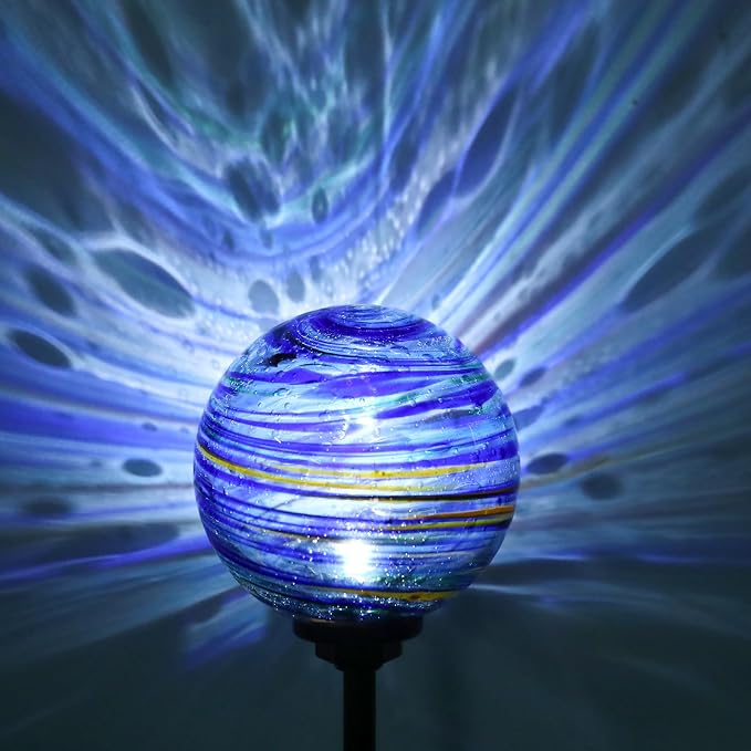 Solar Outdoor Decorative Lights Color Swirl Garden Stake Glaze Glass LED Globe Lights for Pathway Yard Lawn Decoration - 2 Pack Blue