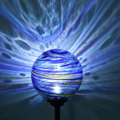 Solar Outdoor Decorative Lights Color Swirl Garden Stake Glaze Glass LED Globe Lights for Pathway Yard Lawn Decoration - 2 Pack Blue
