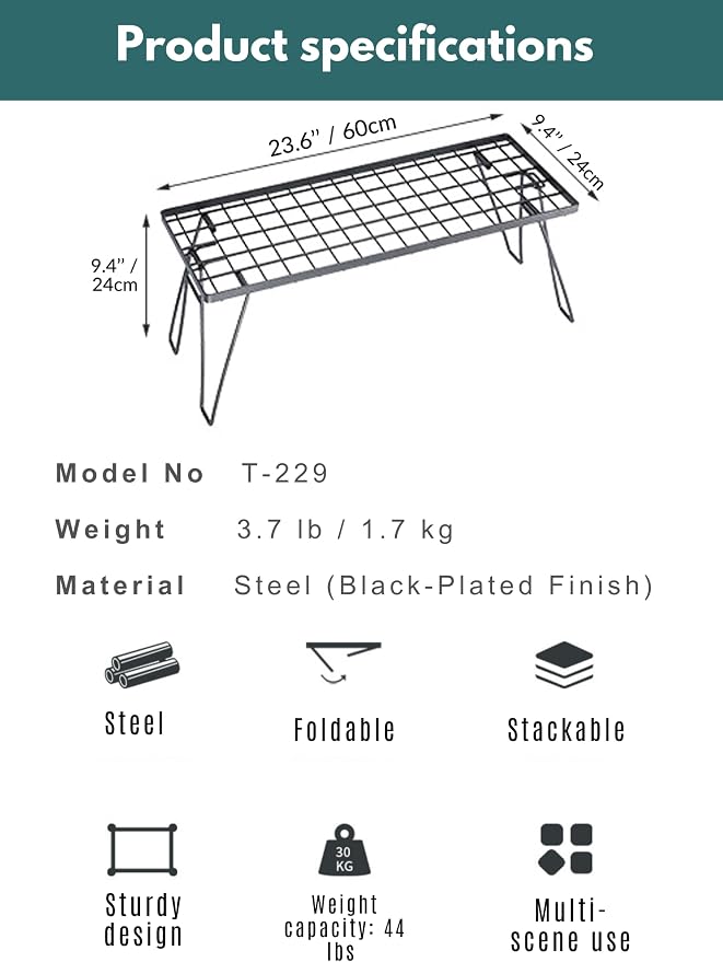 CAMPINGMOON Foldable Mesh Camping Rack Stackable Camp Storage Shelf Fire Pit Side Table Portable Outdoor Organizer Steel T-229