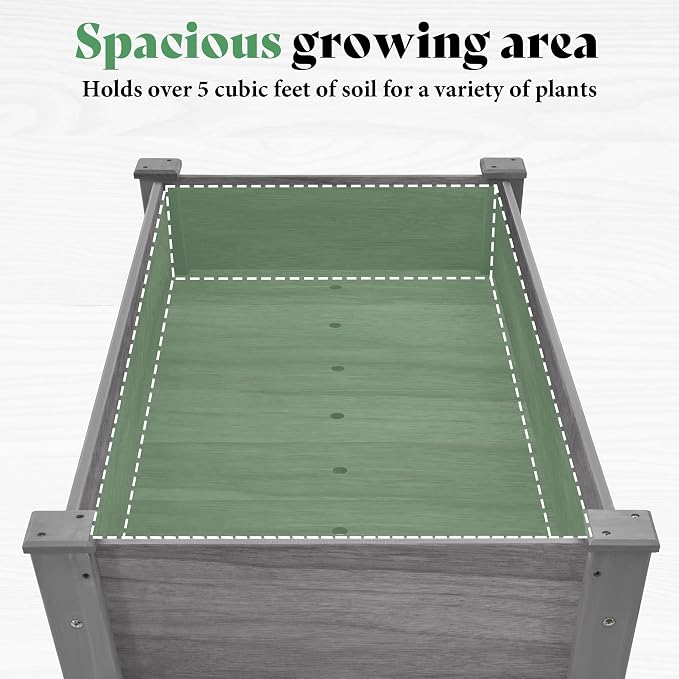 AMERLIFE Raised Garden Bed, 48x30x24 Inches Elevated Wood Planter Box with Bed Liner, Legs, Divider, Drainage Holes, Stand for Backyard, Patio, 330 Lb Capacity - Grey