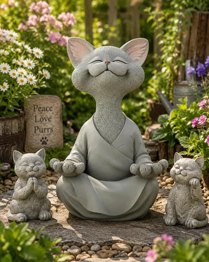 12" Whimsical Happy Cat Buddha Statue – Indoor Outdoor Zen Cat Decor