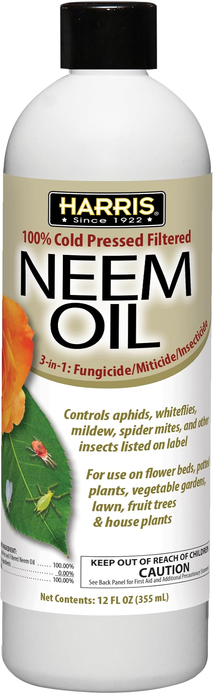 Harris Concentrated Neem Oil 100% Cold Pressed Filtered Oil Insecticide/Miticide/Fungicide, 12 oz Concentrate