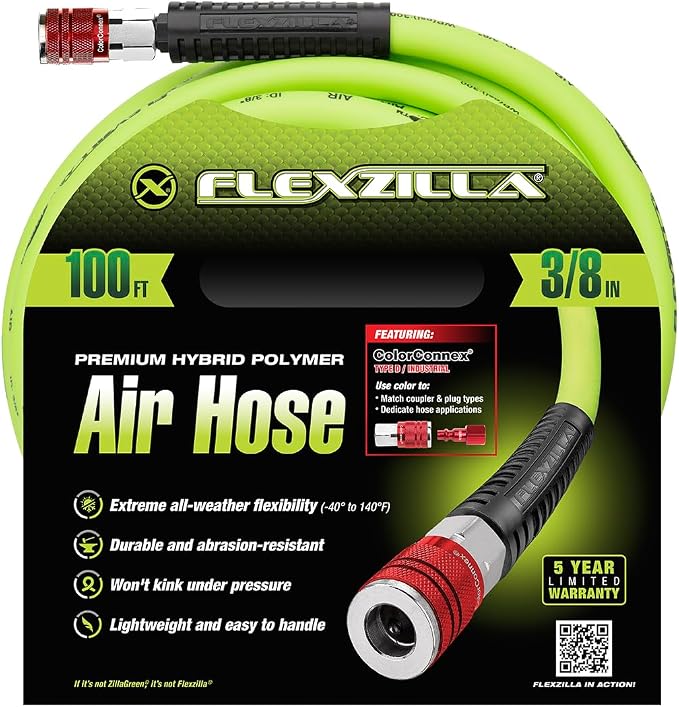 Flexzilla Air Hose with ColorConnex Industrial Type D Coupler and Plug, 3/8 in. x 100 ft., Heavy Duty, Lightweight, Hybrid, ZillaGreen - HFZ38100YW2-D