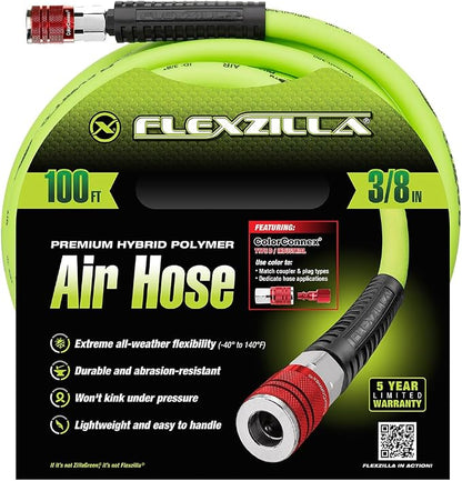 Flexzilla Air Hose with ColorConnex Industrial Type D Coupler and Plug, 3/8 in. x 100 ft., Heavy Duty, Lightweight, Hybrid, ZillaGreen - HFZ38100YW2-D