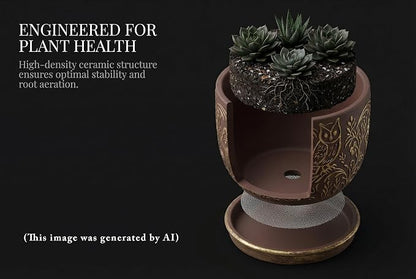 Decorative Ceramic Planter Pot with Saucer, Brown with Gold and Silver Owl Pattern, Indoor Garden Container with Drainage (G&S, 6 inch)
