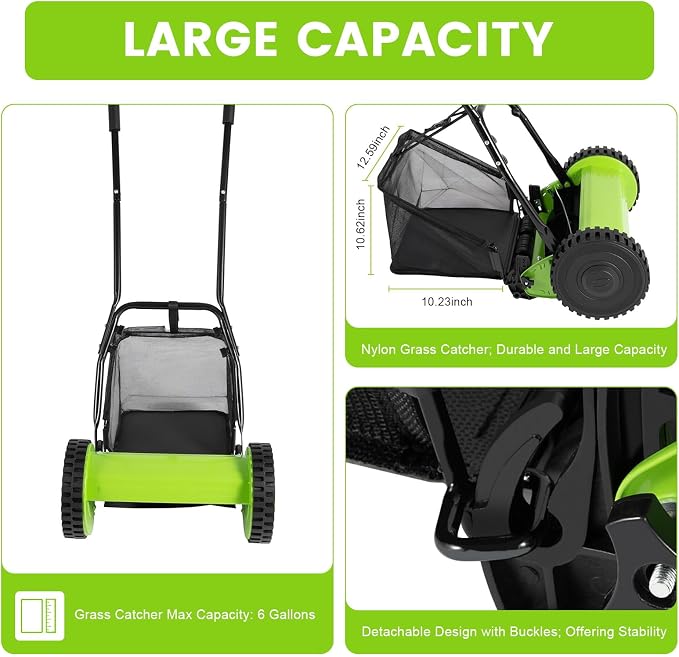 Manual Reel Push Mower, Push Lawn Mowers Manual with Grass Catcher, Push Reel Lawn Mower 12 Inch 5-Blade, Adjustable Cutting Height