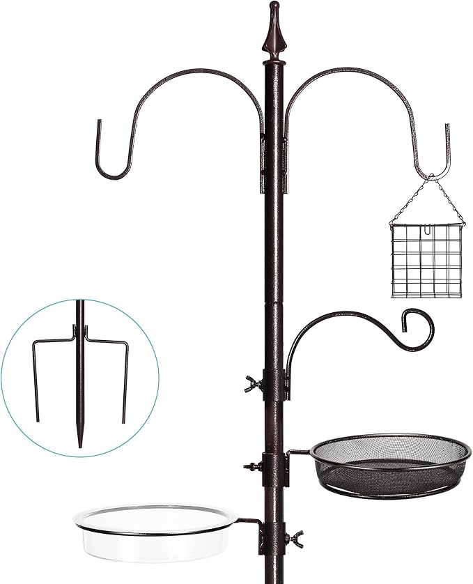 YINGYM Bird Feeder Stand Pole,77 Inch Feeding Station Kit for Outside, Wild Bird Feeder Hanging Kit with Metal Suet, Bird Bath and Mesh Tray, 3-Prong Base