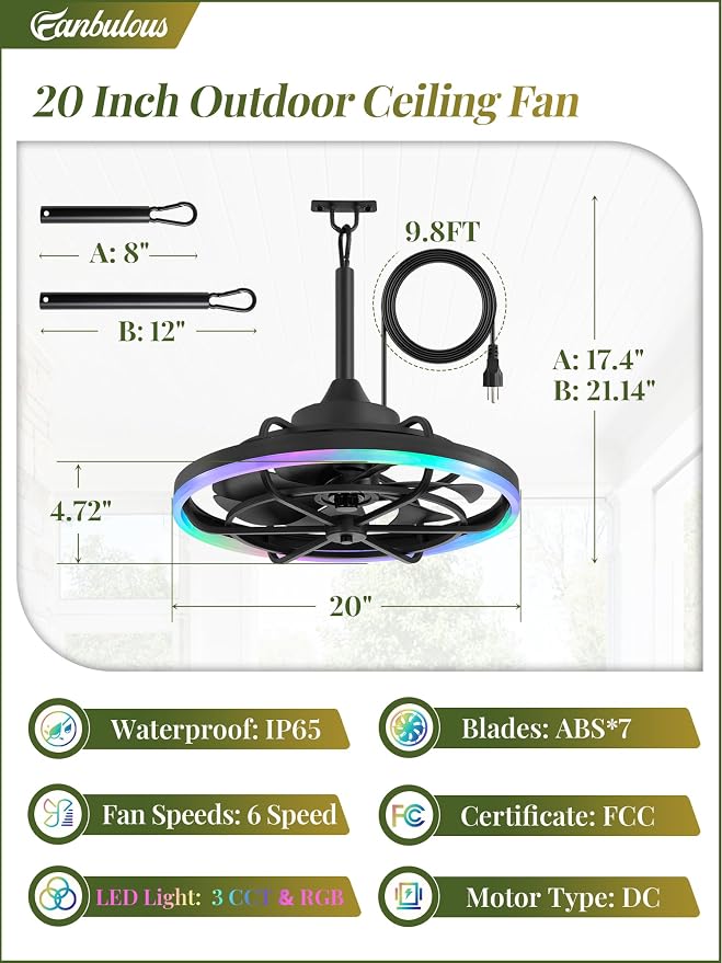 Fanbulous Outdoor RGB Ceiling Fans with Light for Patios, 20" Waterproof Plug in Ceiling Fan, Gazebo Fan Remote&APP Control, 3CCT Dimmable,Caged Ceiling Fan with Hanging Hook for Porch, Pergola