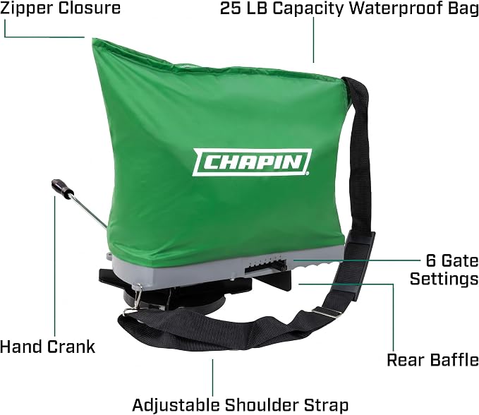 Chapin 25lb Handheld Seed Spreader, Waterproof Design | Grass Seed, Fertilizers, Granular Material, Waterproof, 6 Settings, Enclosed Gears, Rear Baffle, Adjustable Gravity Flow