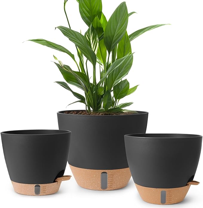 Self Watering Pots for Indoor Plants, 3 Pack 12/10/8 Inch, Large Planter with Water Reservoir, Modern Decorative Flower Pots for Home & Office Black