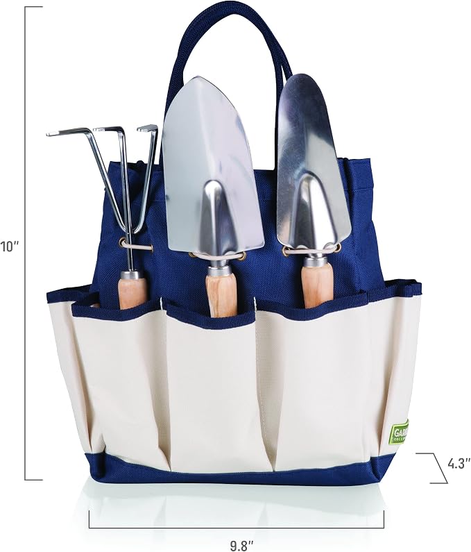 Picnic TIME Disney Mickey Mouse Garden Tote with Tool Set, Durable Garden Tool Organizer Bag with 3 Hand Tools and Exterior Pockets, Giftable Gardening Essential, (Navy Blue with Beige Accents)
