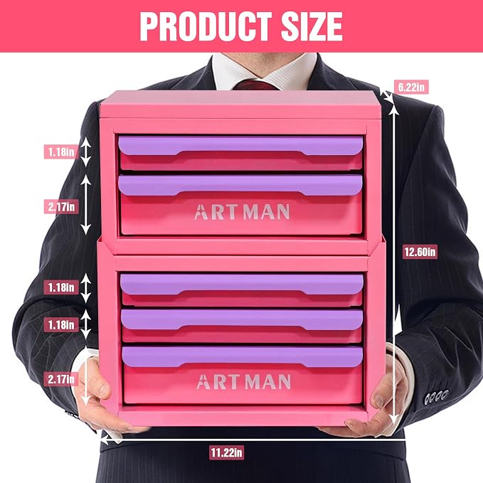 Metal Tool Box with Sliding Drawers, 5-Drawer Desktop Tool Box, Small Steel Tool Chest, Portable Benchtop Toolbox for Jewelry & Office DIY Pink-Purple