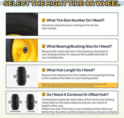 16x6.50-8 Tubeless Tire and Wheel, 16x6.5-8 Lawn Mower Tires, 3"-4.5" Offset Hub, 3/4" or 5/8" Bearing, Fit Riding Mower and Garden Tractor Front Wheels, 4 Ply, V-Turf Pattern, 2 Pack