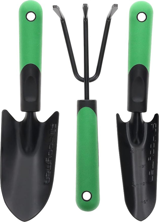 Hooyman Garden Tool Set Including Cultivator, Transplanter, and Trowel with Heavy Duty Steel Construction, No-Slip H-Grip Handles, and Blade Measurement Markings for Gardening, Weeding, and Outdoors