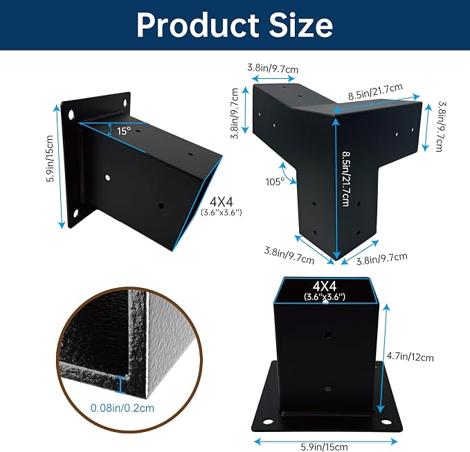 15° Slanted Roof Wall Mounted Pergola Bracket Kit 4x4, Including 2 Wall Bases, 2 105 ° 3-Way and 2 Bases, Angled 4x4 Wooden Beams Lumber Gazebos Patio Pergola Sheds Lean to Porch Roof