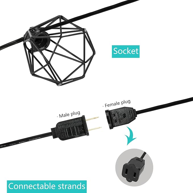 JONATHAN Y 10' Black LED String Lights, 10-Light Indoor/Outdoor Set for Patio Deck, Modern Iron Diamond Cage Shade, Weather-Resistant, Connectable, UL Listed JYL8705A